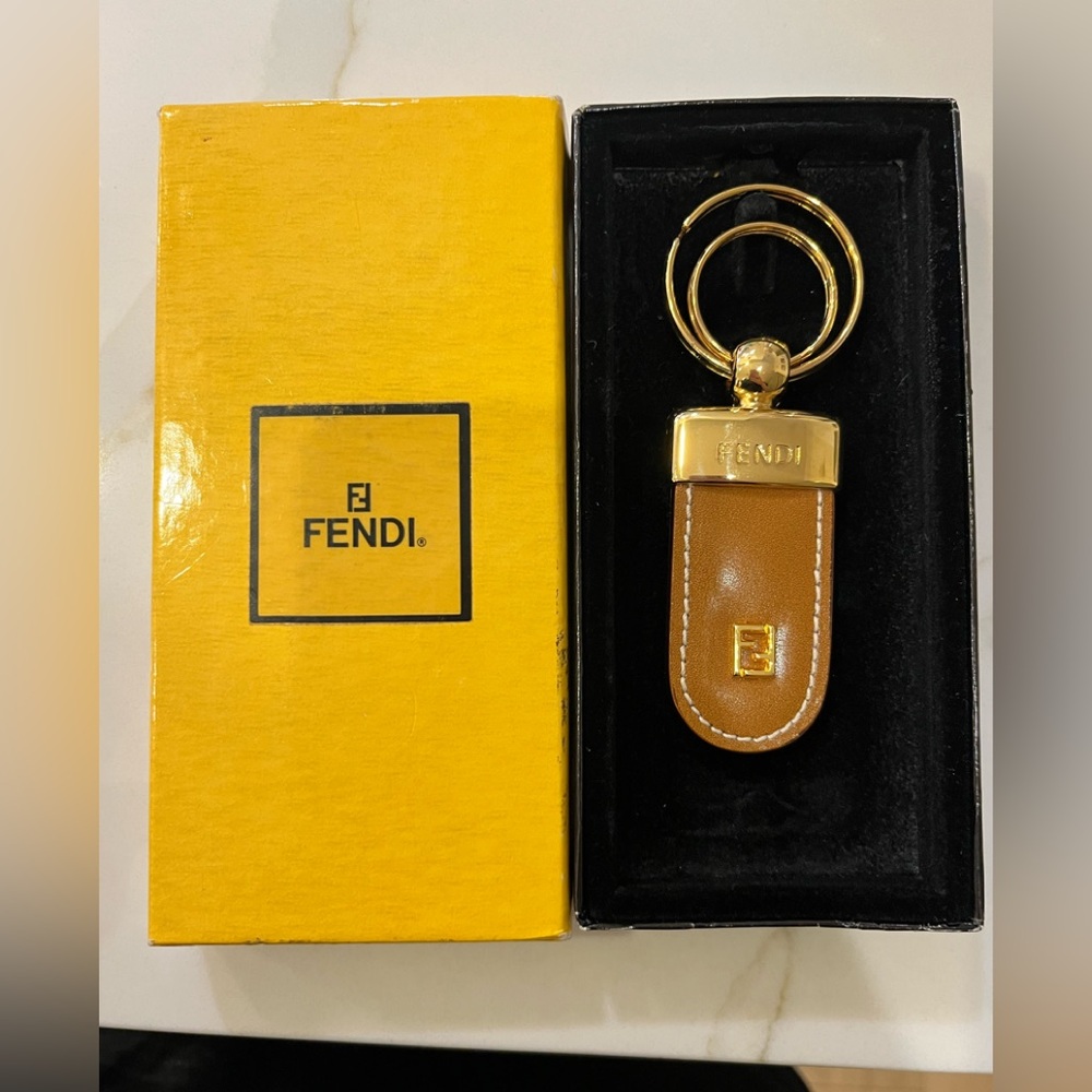 Vintage Fendi Brown Leather Keychain with Gold Accent